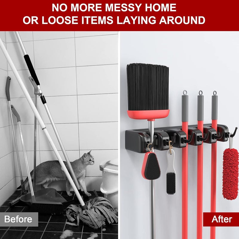 LETMY Broom Holder Wall Mount - Mop and Broom Hanger Holder - Garage Storage Rack & Garden Tool Organizer - 5 Position 6 Hooks Broom Rack for Home, kitchen, Garden, Tools, Garage Organization - Black - Image 4